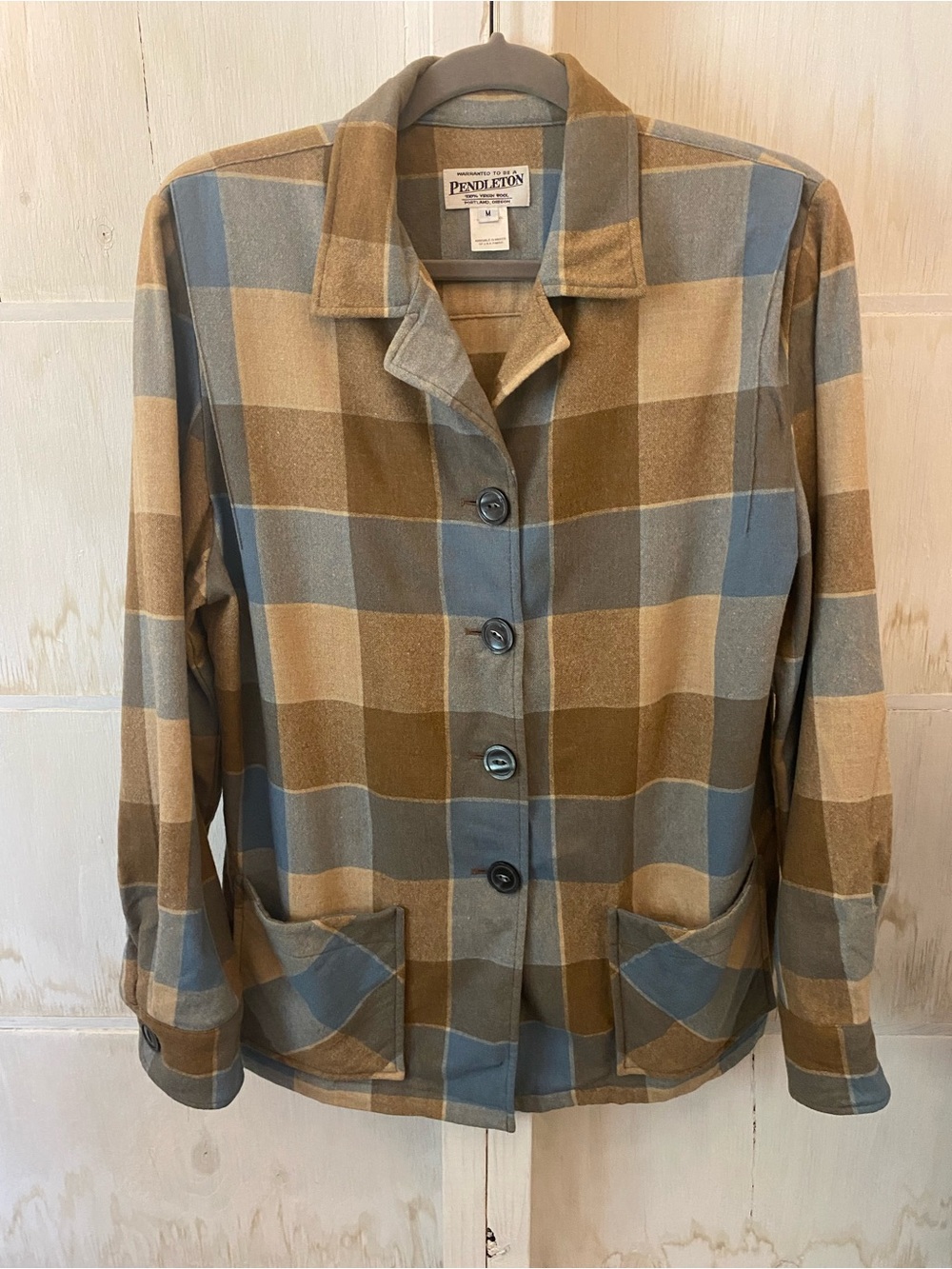 Pendleton Women’s Medium Blue Brown Plaid Button-Front Shirt Chore Wool Jacket